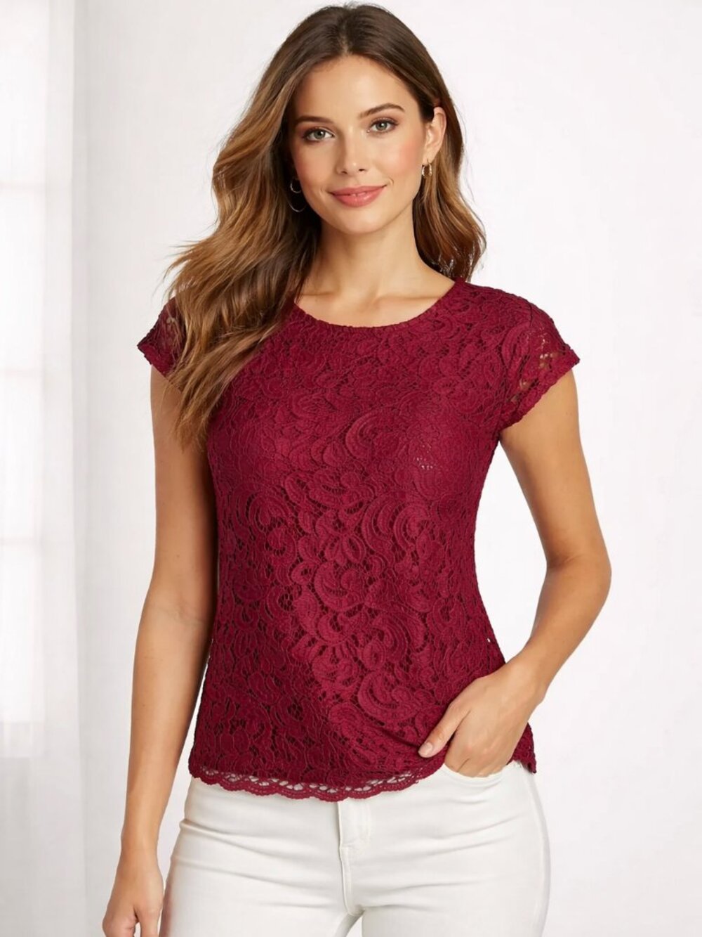 Laundry by Shelli Segal Burgundy Lace Blouse Size S Lined Cap Sleeve Floral Top